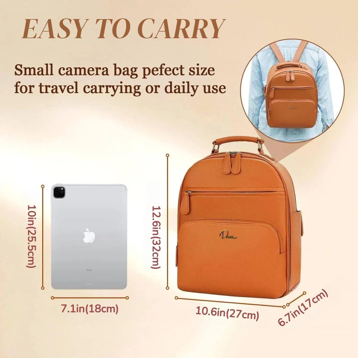 Small Camera Backpack, Classic PU Leather for DSLR, Professional Camera Bag for Photographers with 11 Inch Pad/Tablet Compartment, 10L Brown