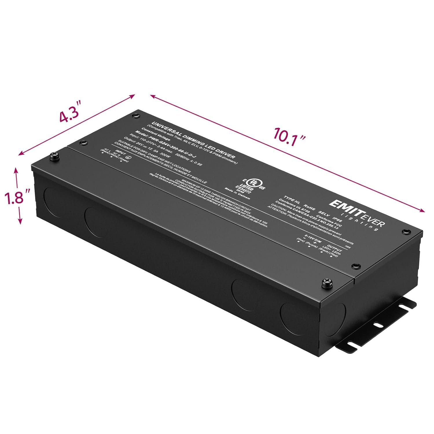 EMITEVER 2-Pack 300W 24V 5-in-1 Dimmable LED Driver, AC 110-277V to DC