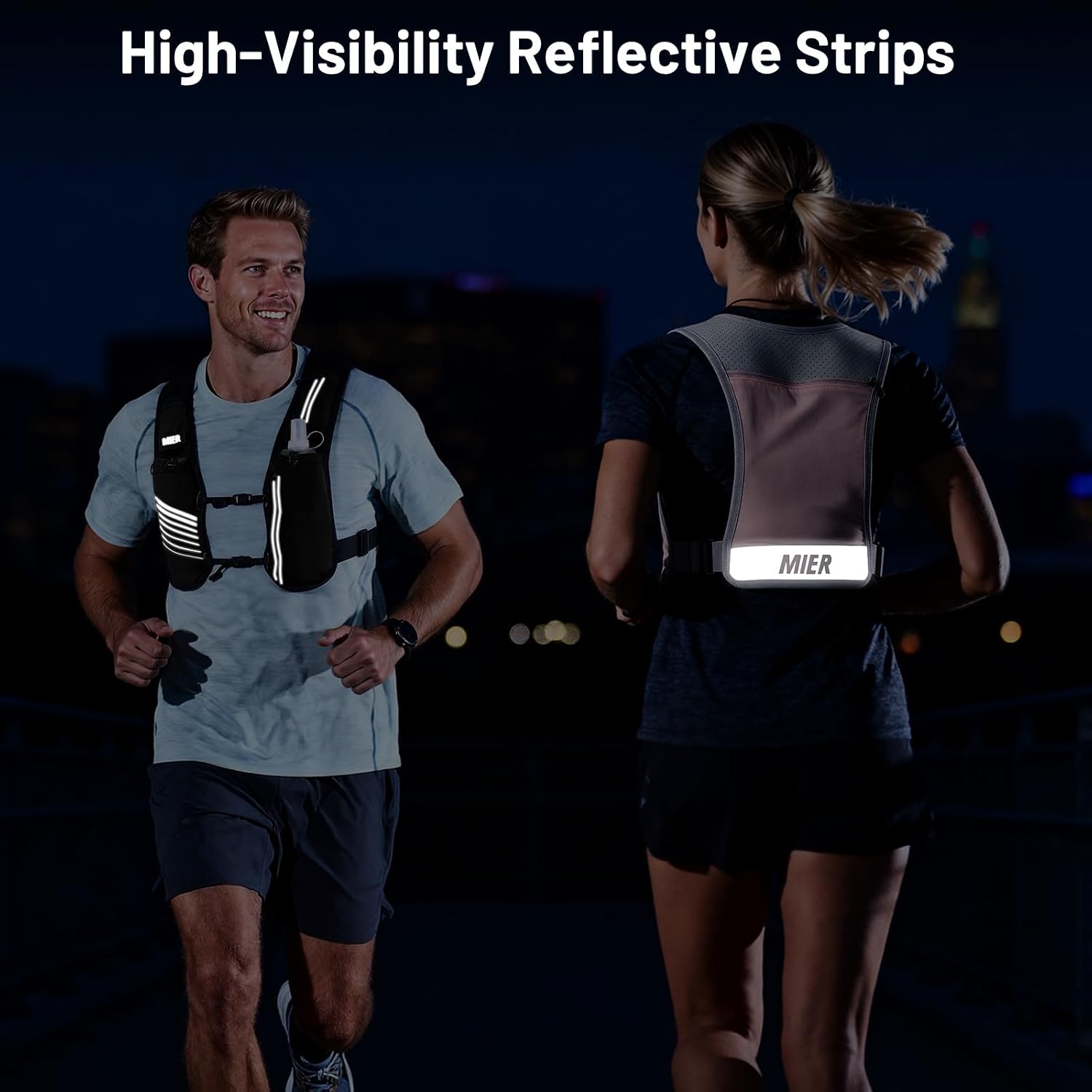 MIER Reflective Running Vest for Men Women with 500ml Soft Hydration Flask