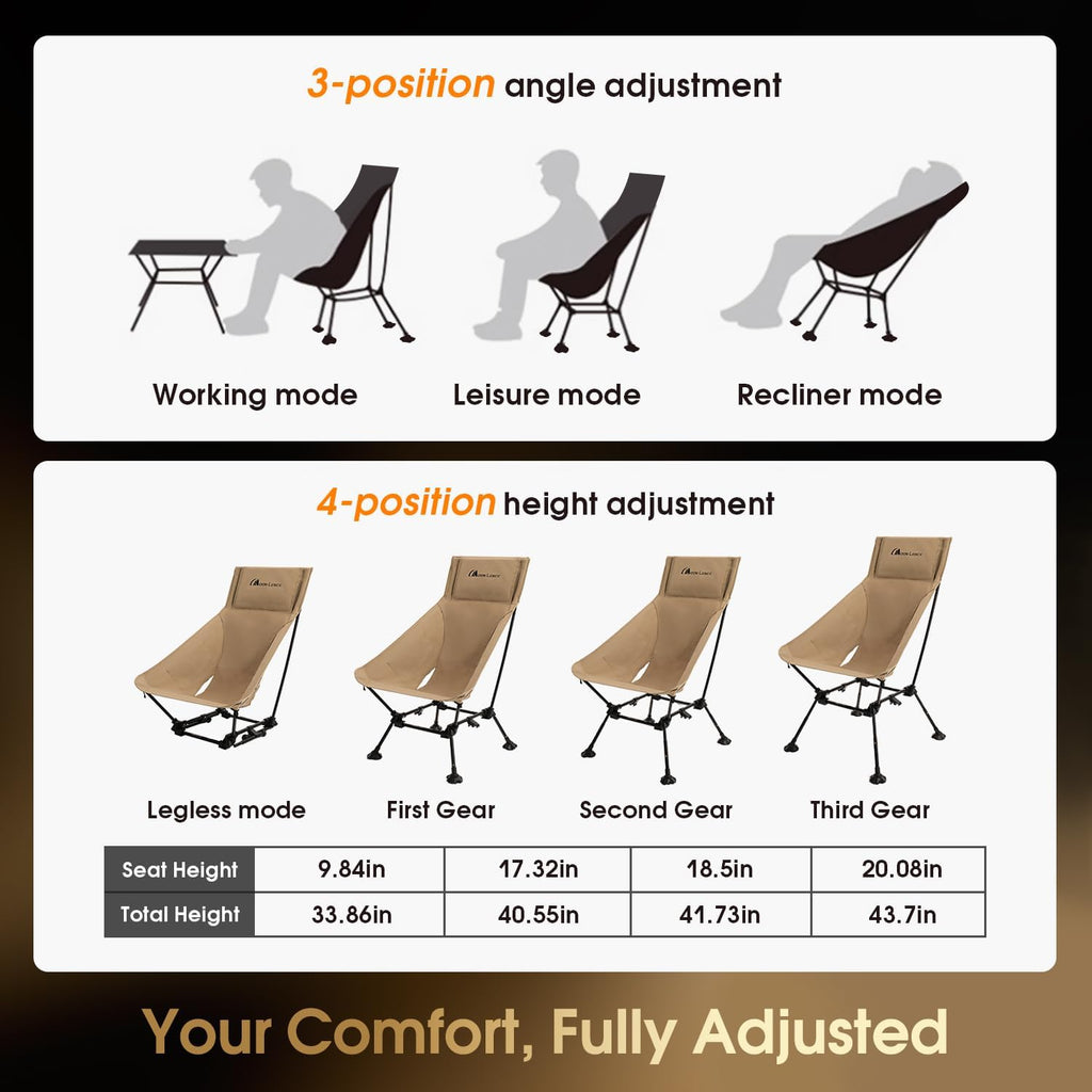 MOON LENCE Oversized High Back Camping Chair for Adults, Height Adjustable Folding Camp Chair | 400 lbs Capacity & 5.4 lbs Weight, Hidden Pillow Pocket Wide Seat for Camping Fishing Overlanding, Khaki