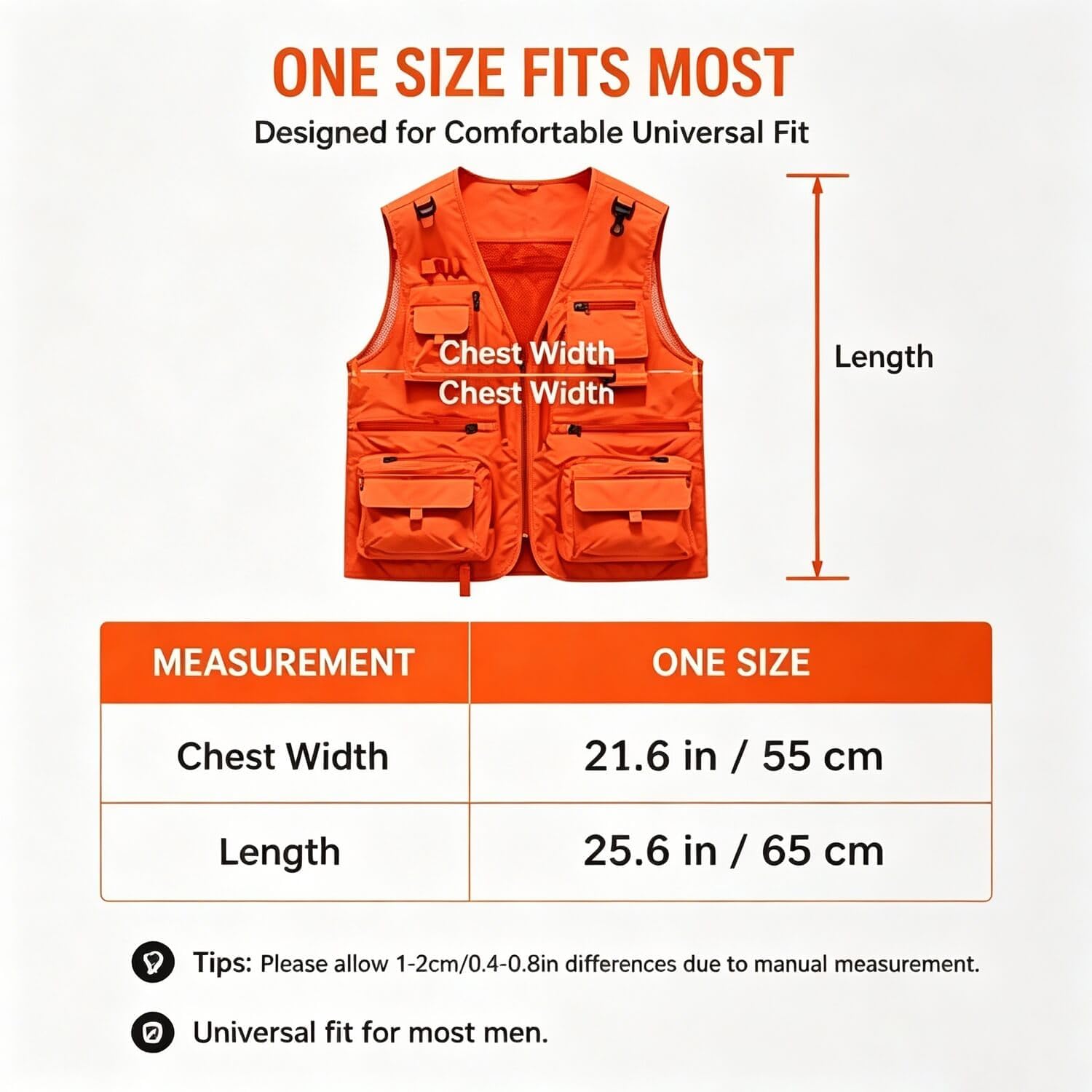 Outdoor Utility Vest for Men & Women, Lightweight Breathable Mesh Vest with Multiple Pockets for Fishing, Photography, Hiking, Camping, Travel & Safari, Orange