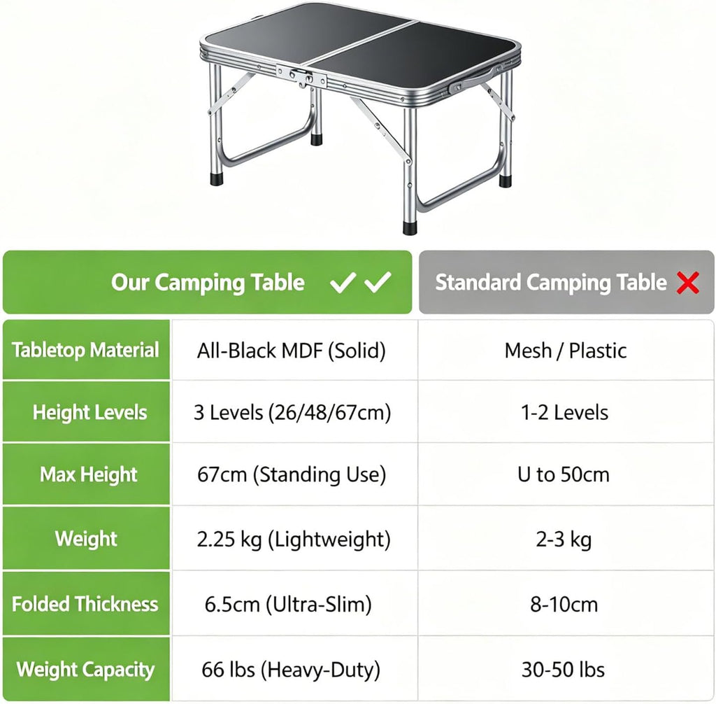 HOMGEN Folding Camping Table with 3 Heights Portable Outdoor Picnic Table MDF Desktop-Lightweight 2.25kg-Sturdy 66lbs for Picnic Beach RV Tailgate, Indoor Study Work Desk– Easy to Setup & Clean