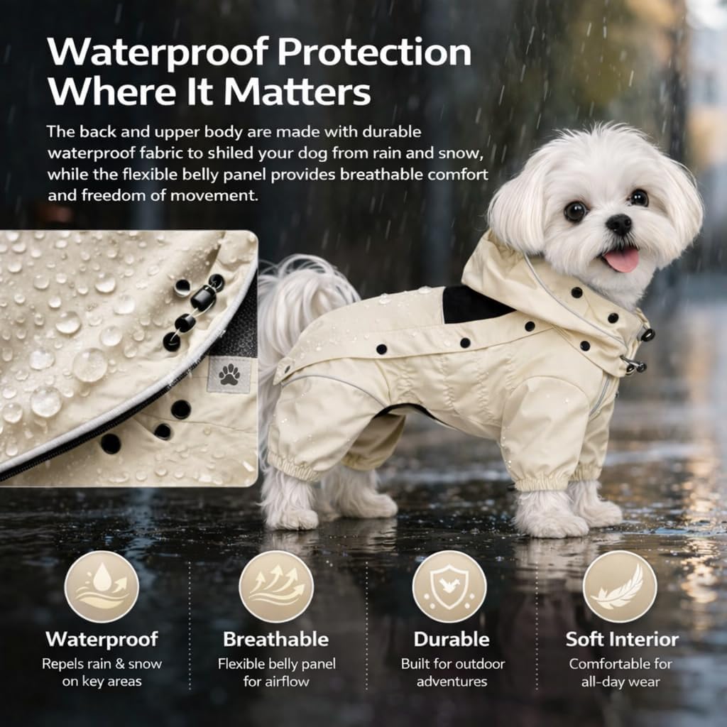 LOVELONGLONG Waterproof Dog Raincoat with Removable Hood – Outdoor Full Body Dog Jacket, Windproof Snowproof Shell Suit – All Season Pet Rain Gear Ivory 3XL