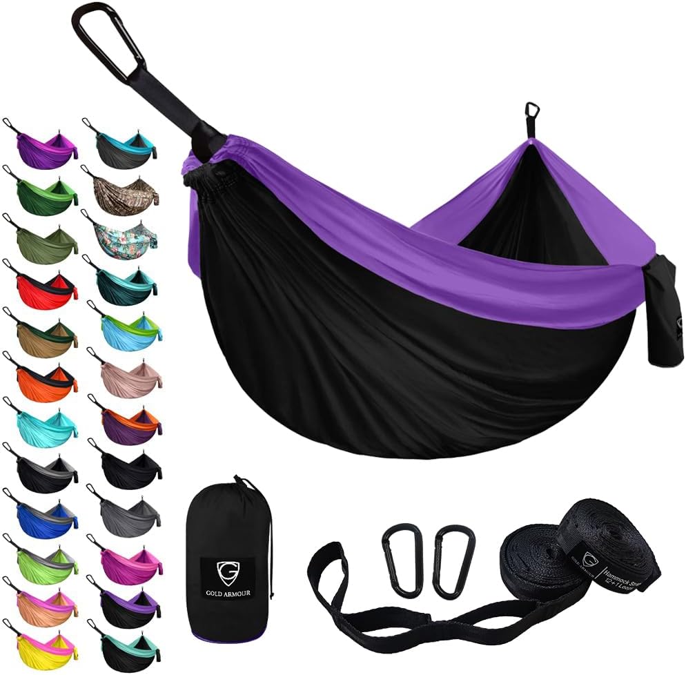 Gold Armour Camping Hammock - XL Double Hammock Portable Hammock Camping Accessories Gear for Outdoor Indoor with Tree Straps, USA Based Brand (Black and Purple)