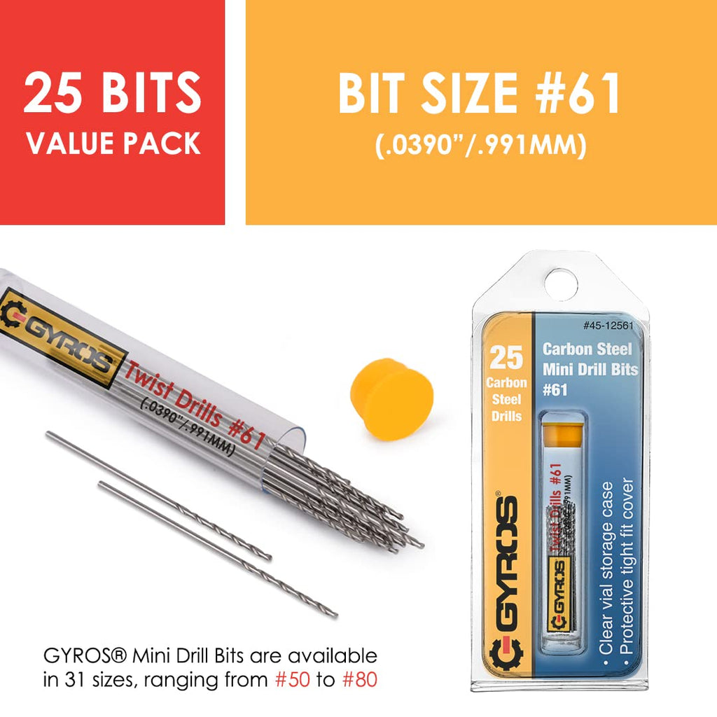 GYROS 25 PCS #61 Micro Drill Bit Set – Small Drill Bits for Jewelry, Plastic, Resin, & Soft Metal – Carbon Steel Wire Gauge Mini Twist Drill Bit Set for Pin Vise Hand Drill & Rotary Tool