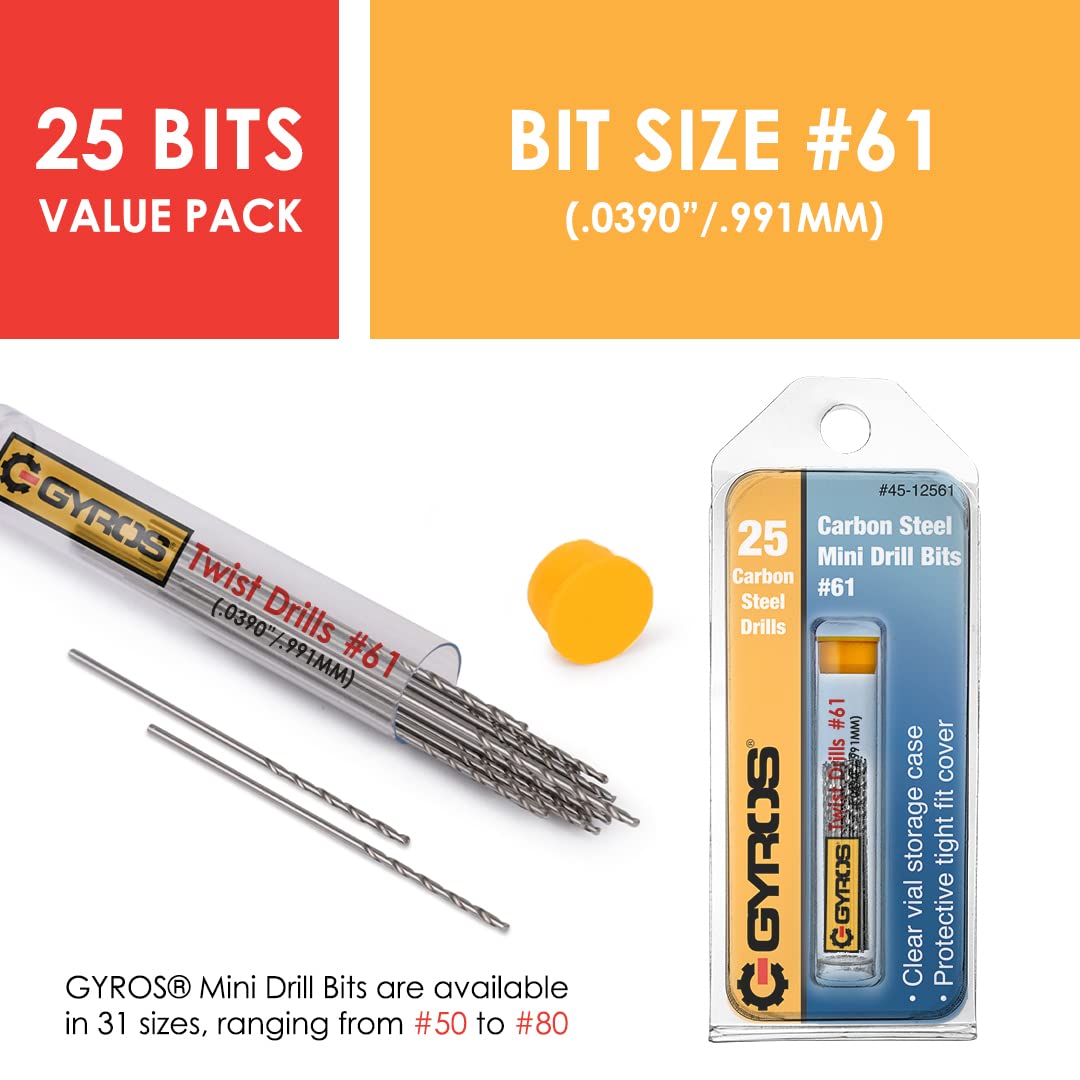 GYROS 25 PCS #61 Micro Drill Bit Set – Small Drill Bits for Jewelry, Plastic, Resin, & Soft Metal – Carbon Steel Wire Gauge Mini Twist Drill Bit Set for Pin Vise Hand Drill & Rotary Tool