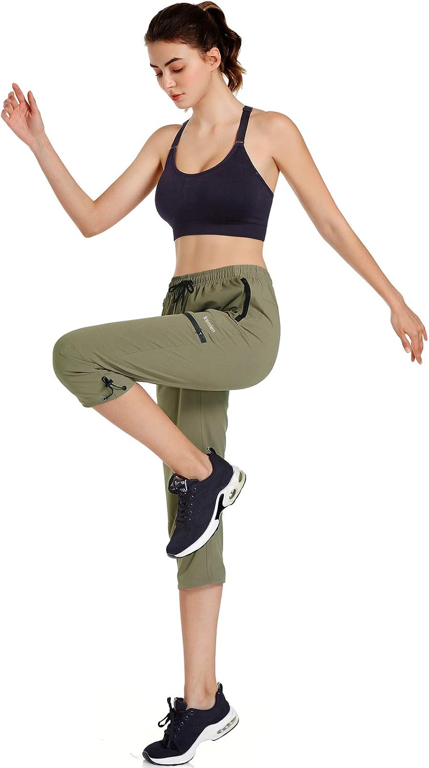 Ksmien Women's Hiking Cargo Capri Pants Quick Dry with Zipper Pockets