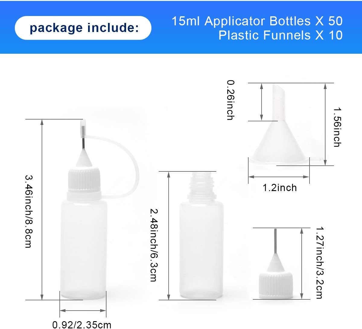 Adecco Precision Tip Applicator Bottle, Glue Applicator Bottles, 50 PCS 15ml Precision Tip Applicator Bottles with 10 Plastic Funnels, for Acrylic Painting, Quilling, Alcohol Ink(Precision Tip Bottle)