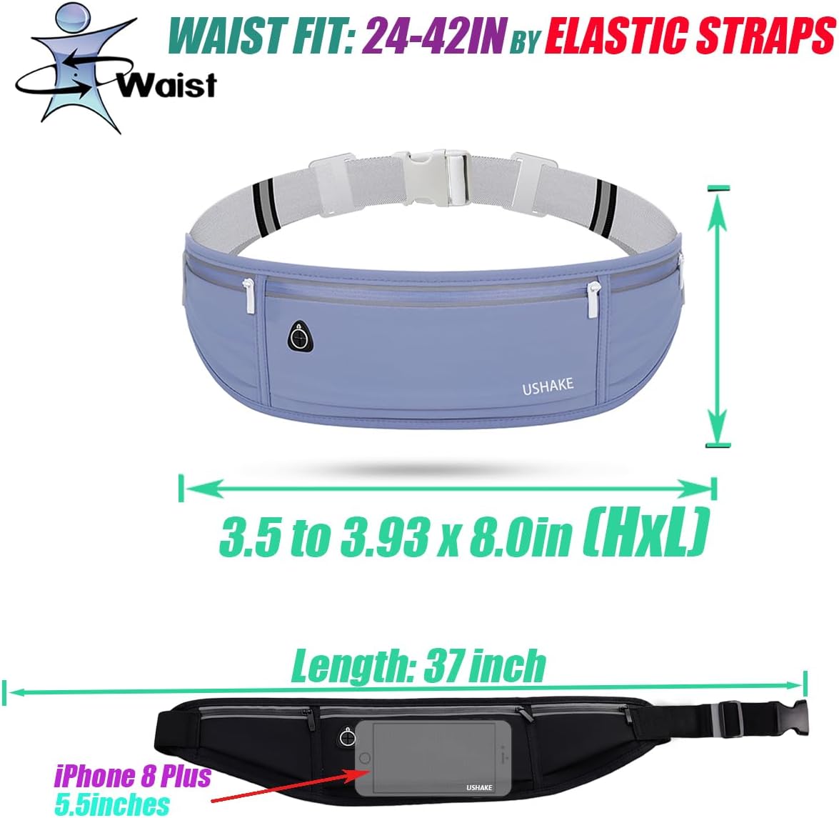 USHAKE Slim Running Belt, Bounce Free Fanny Pack Phone Holder