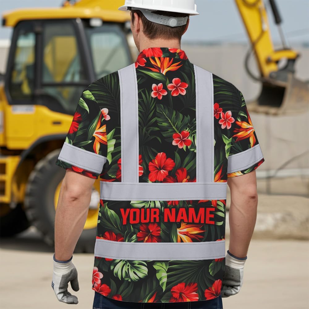 High Visibility Hawaiian Shirt for Men Tropical Shirts Custom Name Floral Outfit Reflective Safety Workwear