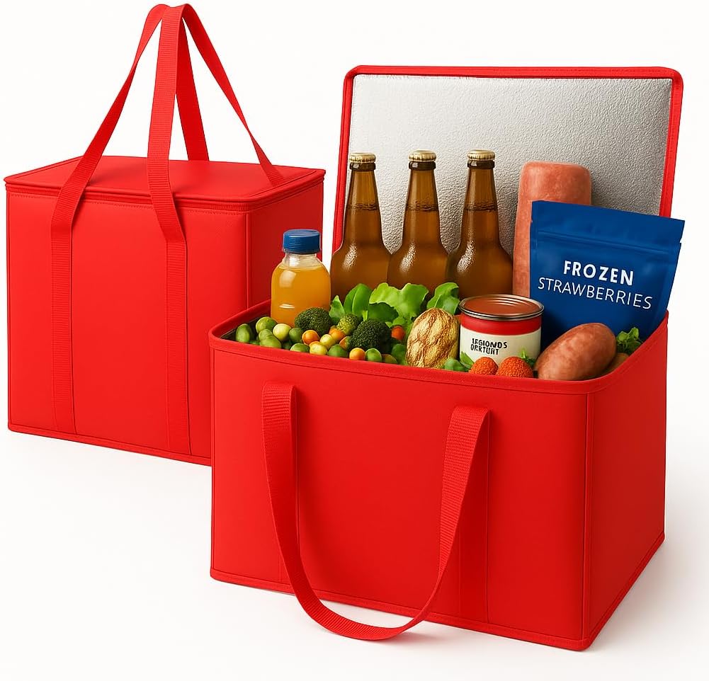 musbus 2-Pack extra Insulated Grocery shopping bag, large Blue, reusable bags,Pizza,Sturdy zipper,Collapsible,tote,cooler,for transport women,for instacart,Durable,thermal