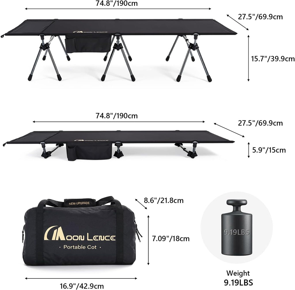 MOON LENCE Camping Cot, Height Adjustable with Cot Leg Extenders, Strong Support 330lbs, Lightweight Comfortable Folding Bed for Camping, Hiking, Travel, Truck, Beach, Office Nap,Backpacking