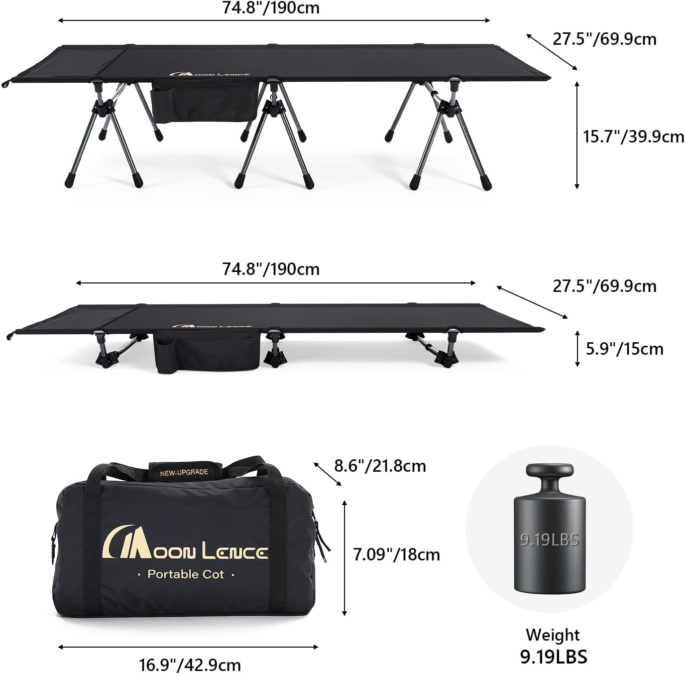 MOON LENCE Camping Cot, Height Adjustable with Cot Leg Extenders, Strong Support 330lbs, Lightweight Comfortable Folding Bed for Camping, Hiking, Travel, Truck, Beach, Office Nap,Backpacking