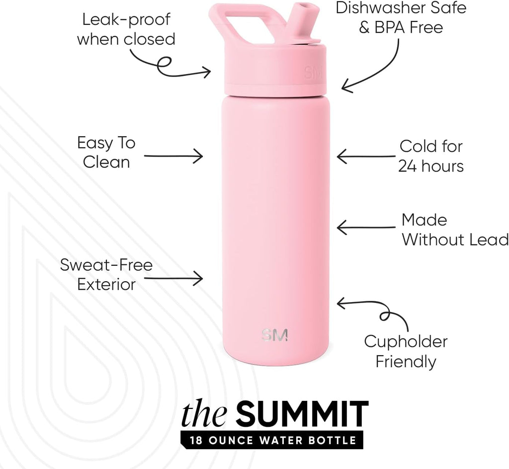 Simple Modern Insulated Water Bottle with Straw | 18oz | Pink