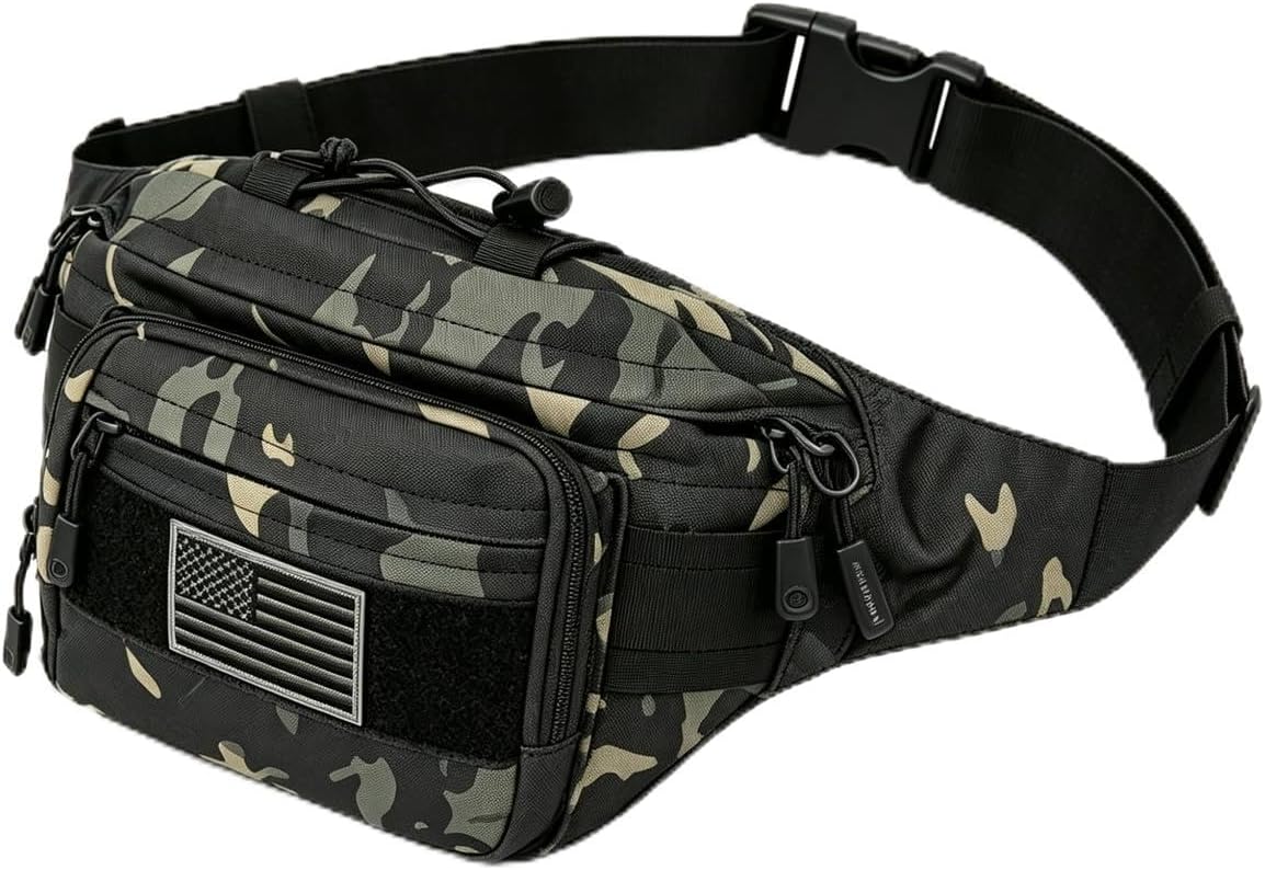SOWHUP Tactical Fanny Pack,Military Waist Bag Pack with U.S Patch Utility Hip Belt Bumbag for Outdoor Fishing Hiking (Black c(4 Zipper Pockets))