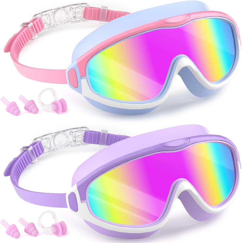 COOLOO 2 Pack Kids Goggles 4-16, Wide View No Leaking Kids Swim Goggles