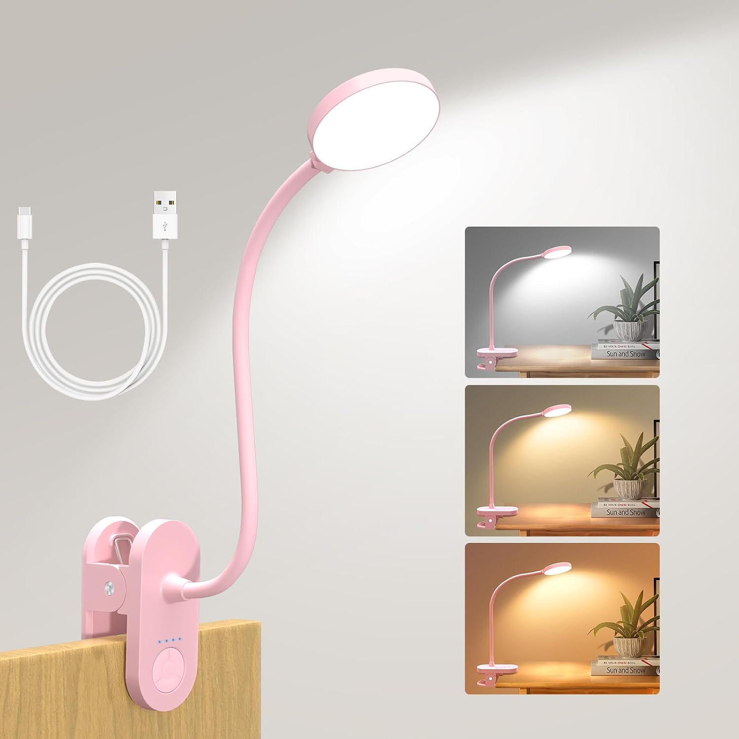 Rechargeable Clip on Light for Bed, Cute LED Reading Lamp for Girls Dorm Room, Portable Book Light with Clamp on Headboard Bedside Table, Flexible Lamp with 3 Color Temp & 10 Brightness (Pink/3.5'')