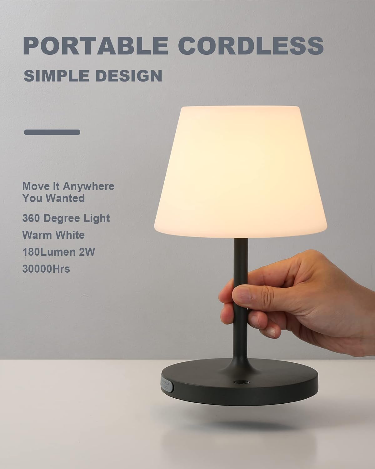 WEILAILUX Outdoor Battery Operated Table Lamp Waterproof, 4000mAh Cordless Table Lamp Rechargeable, Touch Dimmable Desk Lamp, LED Night Light for Patio Camping Restaurant Home, H9.6in, Dark Grey
