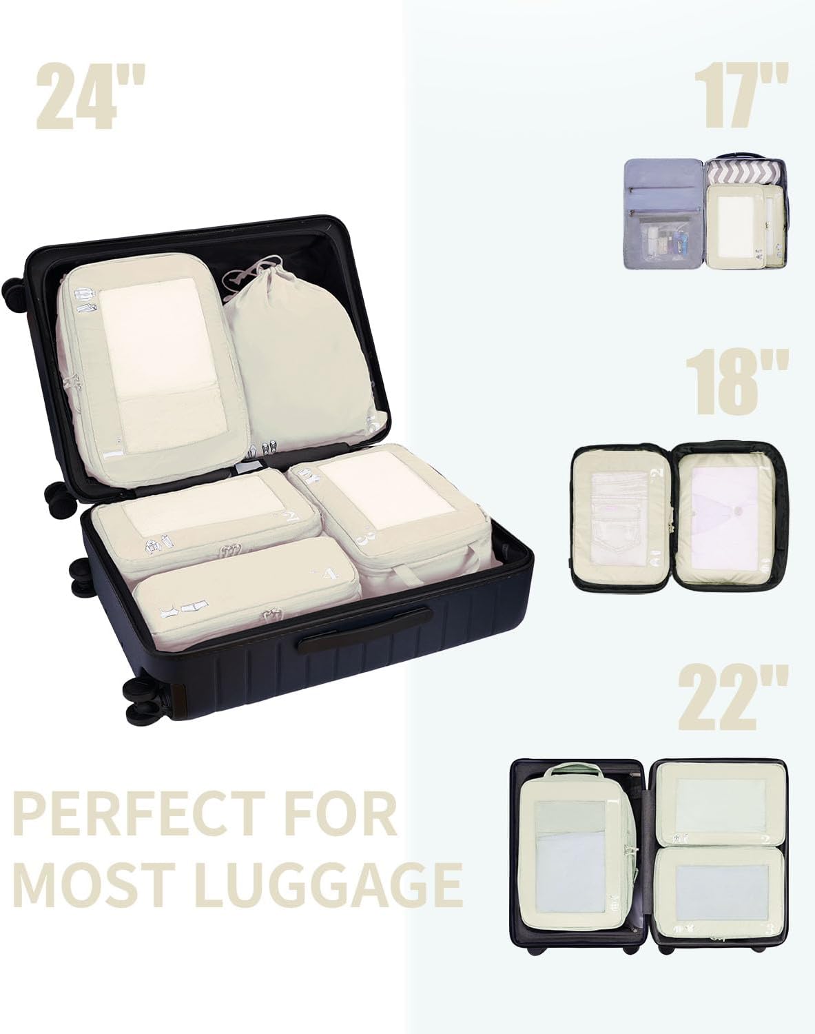 ECOHUB 5 Set Compression Packing Cubes for Suitcases Organiser Bags Set Travel Essentials with Shoe Bag for Traveling Tear-resistant Travel Accessories with ID Tag Expandable Packing Bags(Beige)