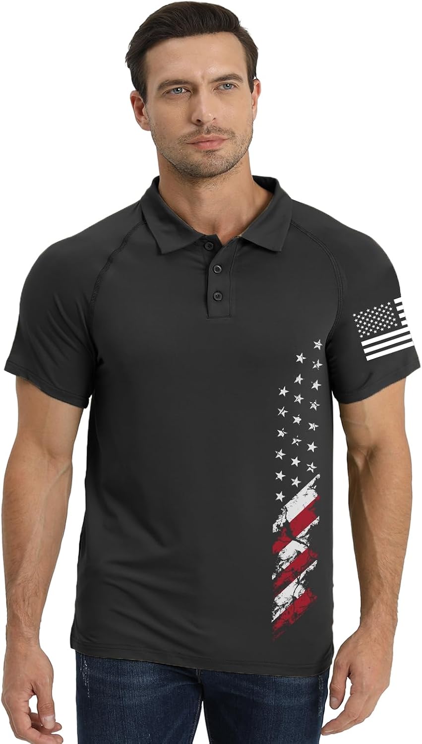 H HYFOL Short Sleeve Polo Shirts for Men Graphic Stretch Casual American Patriotic Raglan Golf Polos for Men
