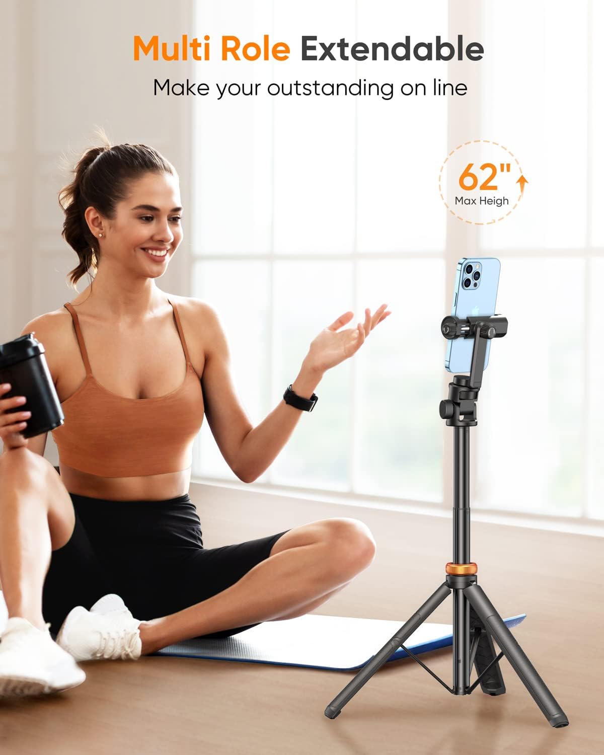 EUCOS 62" Two Sets Phone Tripod, Selfie Stick Tripod with Remote & Lightweight Design, Compatible with Action Camera & Smartphones (2.2" to 3.6")
