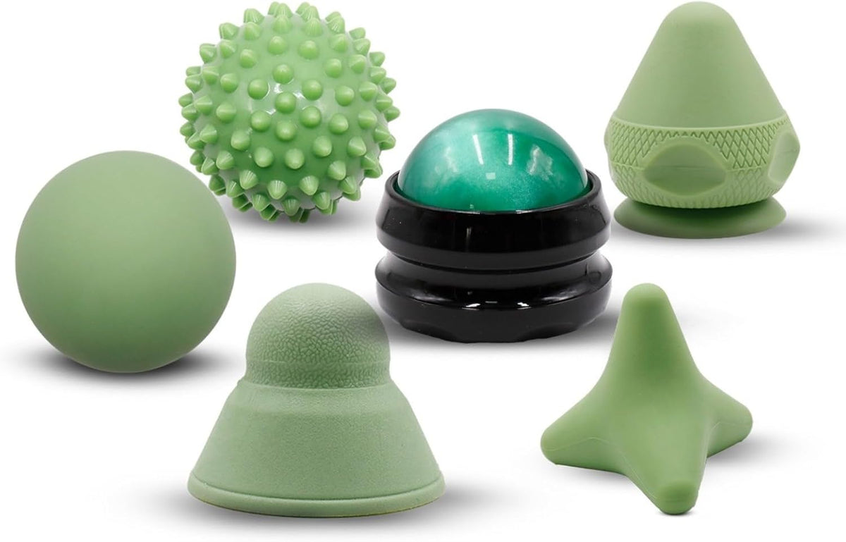 Physical Therapy Pain Relief Massage Ball Set for Trigger Point Release - Myofascial Release Tool & Deep Tissue Massage Set of 6 Pieces - Lacrosse, Spiky, Hand Roller & Mountable Self Massage Ball