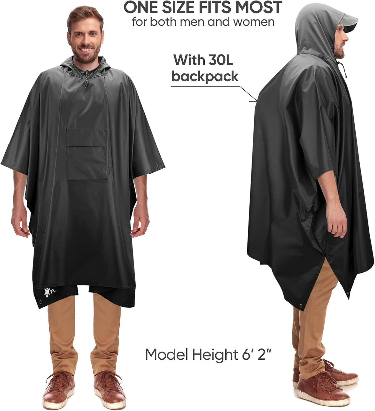 PTEROMY Hooded Rain Poncho for Adults, Reusable Waterproof Raincoat