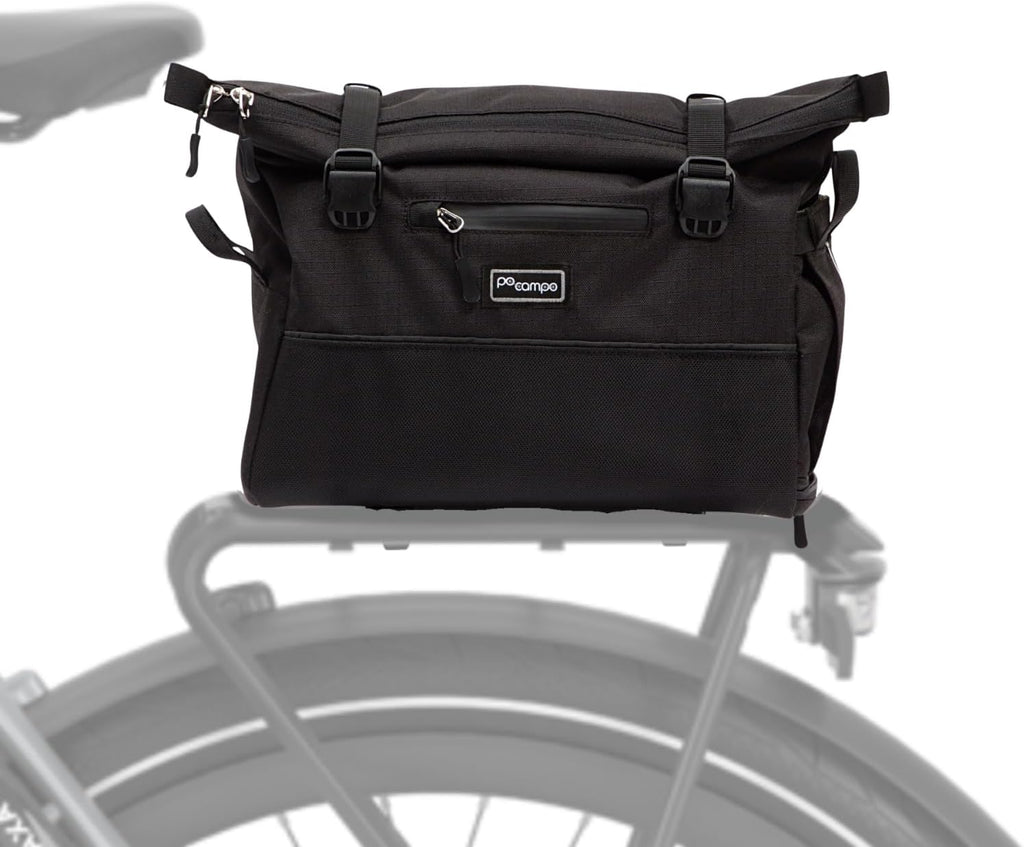 Po Campo Vernon MIK Bike Trunk Bag for Rear Rack - 15.7L Waterproof Bicycle Cargo Bag with MIK Click System - Roll Top - 10 Pockets – Reflective - Fits MIK Bike & E-Bike Racks