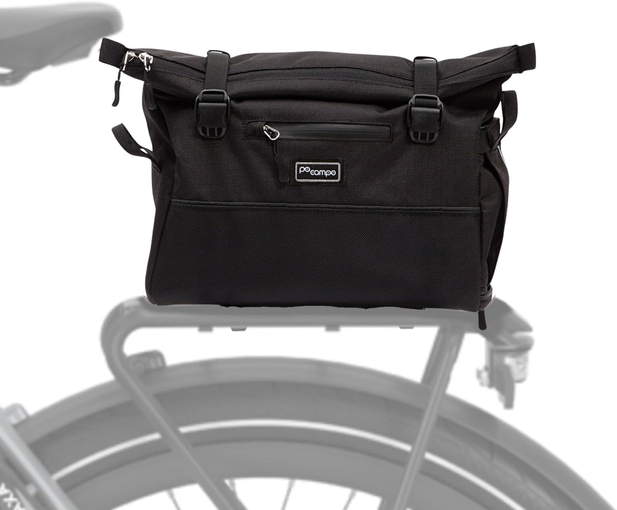 Po Campo Vernon MIK Bike Trunk Bag for Rear Rack - 15.7L Waterproof Bicycle Cargo Bag with MIK Click System - Roll Top - 10 Pockets – Reflective - Fits MIK Bike & E-Bike Racks
