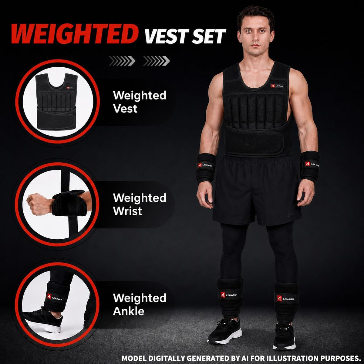44lbs Adjustable Weighted Vest Set with Steel Plates, 5-Piece Workout Set Includes Wrist & Ankle Weights for Rucking, Walking, Running, Home Gym