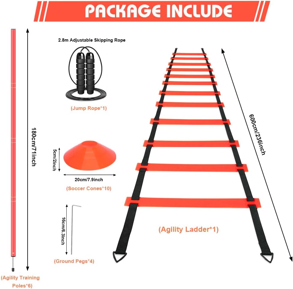HOTOOLME Agility Training Poles Equipment Soccer Training Equipment Includes 6 Agility Poles,Agility Ladder, 10 Soccer Cones,Jump Rope for Speed Training, Soccer Training, Basketball Athletes & Kids