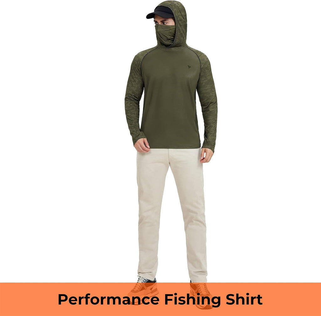Rodeel UPF 50+ Men’s Long Sleeve Performance Fishing Hiking Shirt with Mask UV Neck Gaiter Hoodie