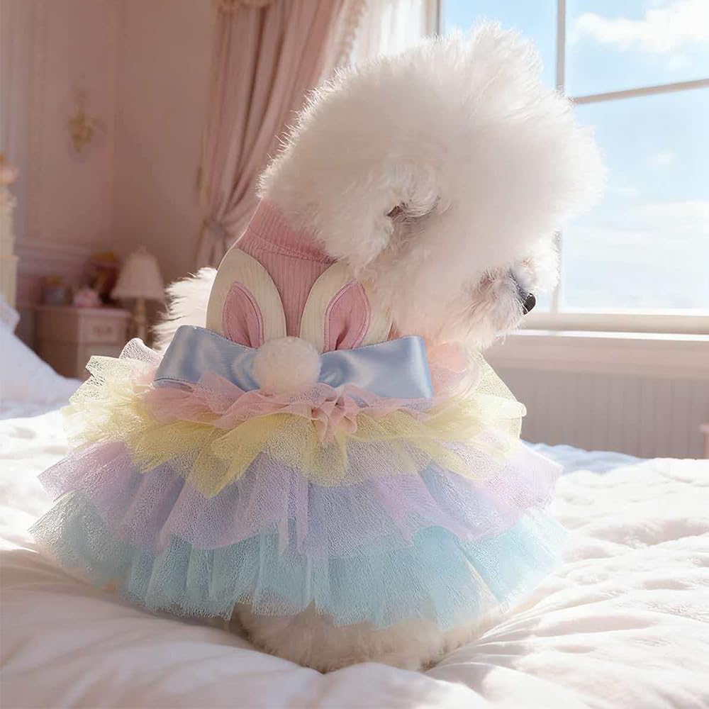 Pink Bunny Ears Dog Dress Spring Girl Puppy Clothes for Small Dog Easter Cat Dress for Cat Funny Tutu Dress Holiday Pet Outfit (Colorful, Medium)