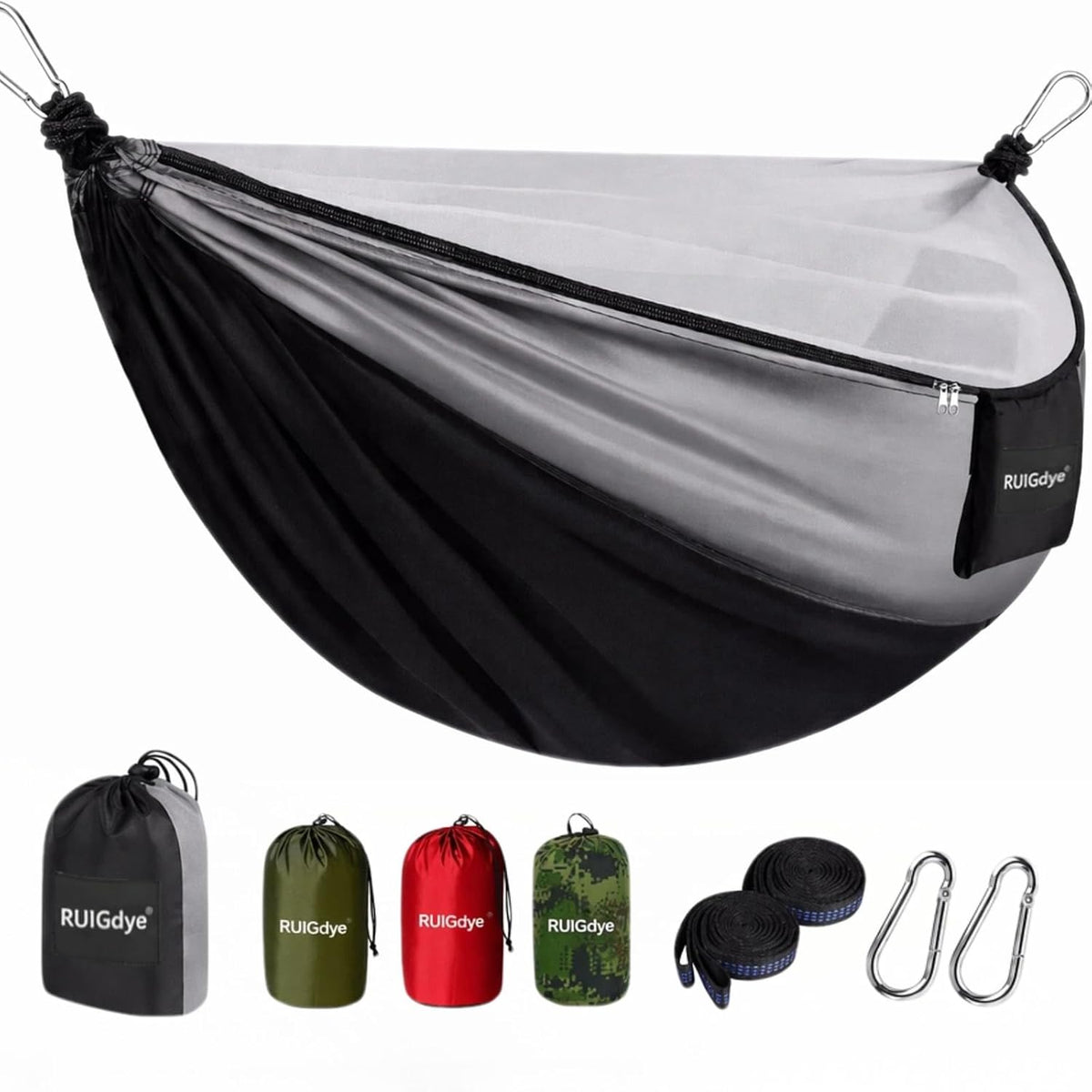 Camping Hammock with Mosquito Net, 650 lbs Portable Hammock with Tree Straps, Parachute Nylon Hammock, 2-in-1 Double/Single Travel Hammock Tent for Outside、Indoor、Backpacking、Beach - Black & Grey