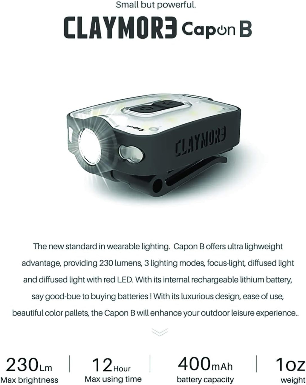 Claymore Capon 40B Tan Clip-On Cap Light – USB-C Rechargeable 230LM LED Headlamp | 3 Light Modes 180° Adjustable Beam IP54 Water Resistant Up to 12 Hrs Runtime for Camping, Running, Outdoor