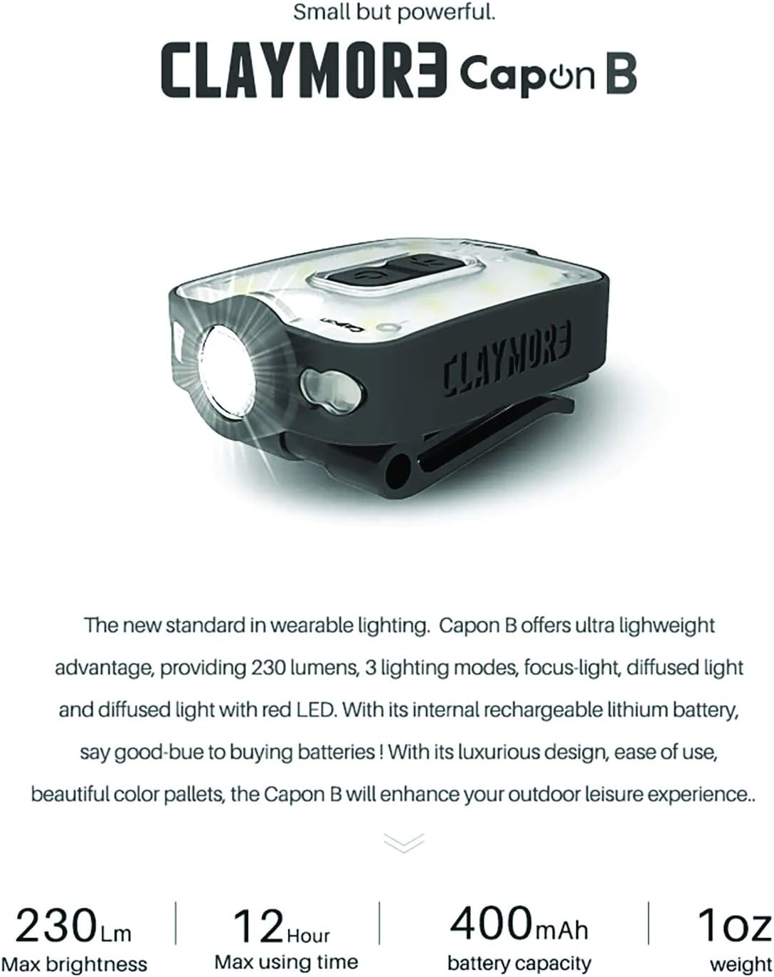 Claymore Capon 40B Tan Clip-On Cap Light – USB-C Rechargeable 230LM LED Headlamp | 3 Light Modes 180° Adjustable Beam IP54 Water Resistant Up to 12 Hrs Runtime for Camping, Running, Outdoor