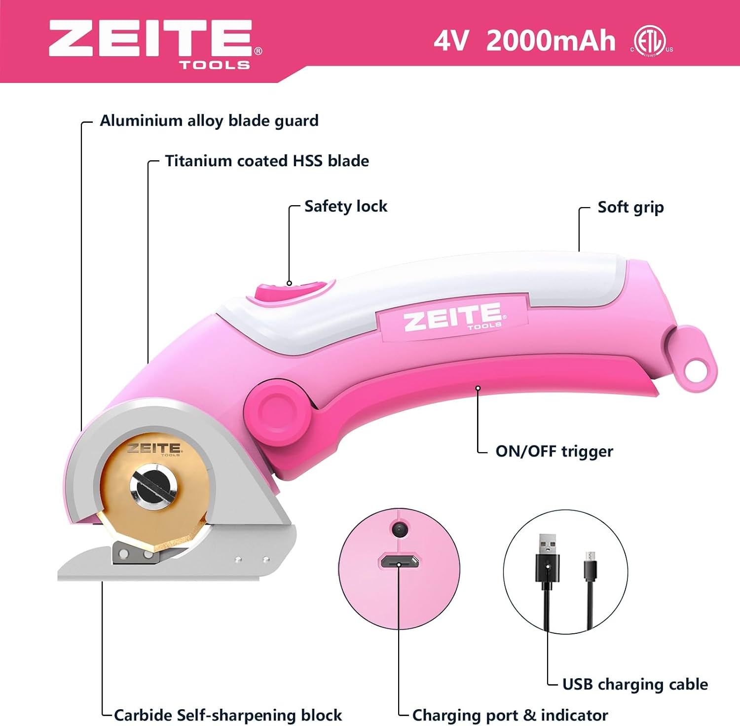 ZEITE Cordless Cardboard Box Cutter with Titanium Coated HSS Blades (Pink)