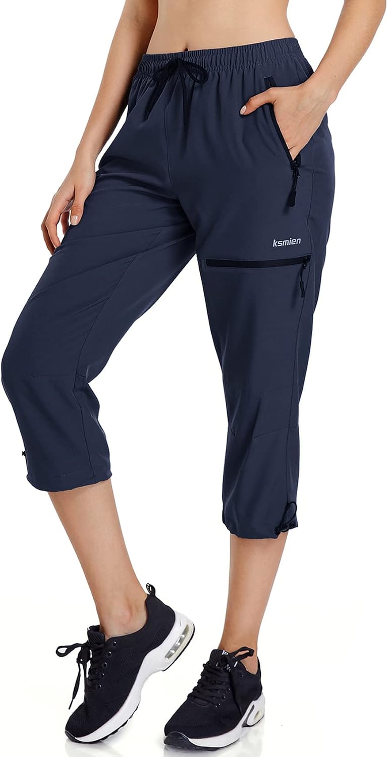 Ksmien Women's Hiking Cargo Capri Pants Quick Dry with Zipper Pockets