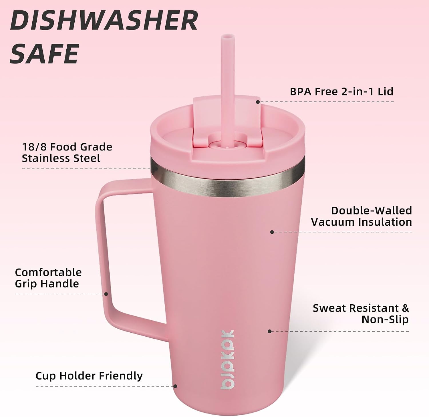 BJPKPK 18oz Insulated Tumbler with Handle, Lid & Straw, Stainless Steel