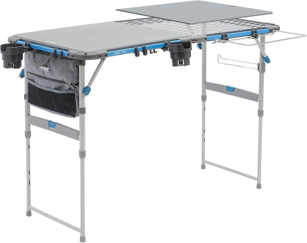 CORE Outdoor Cook Table | 4 Foot Table with Adjustable Height and Storage for Cooking Accessories | Foldable & Portable for Beach, Picnic, Backyards, BBQ, Tailgate, Patio and Party