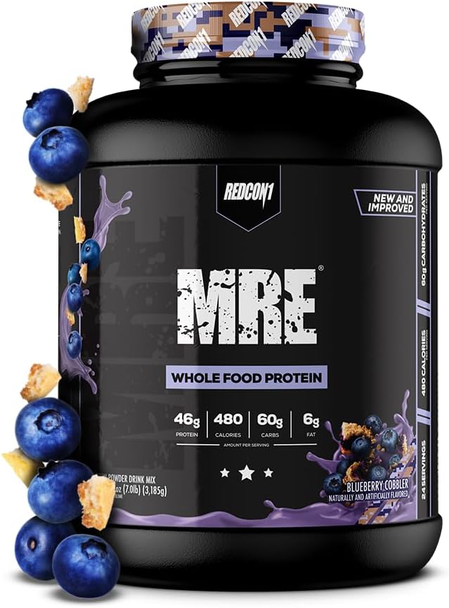 REDCON1 MRE Whole Food Protein Powder, Blueberry Cobbler - Meal Replacement Made with Animal and Plant Based Protein Sources, Nutrient and Calorie Dense, 0g Added Sugar (24 Servings)