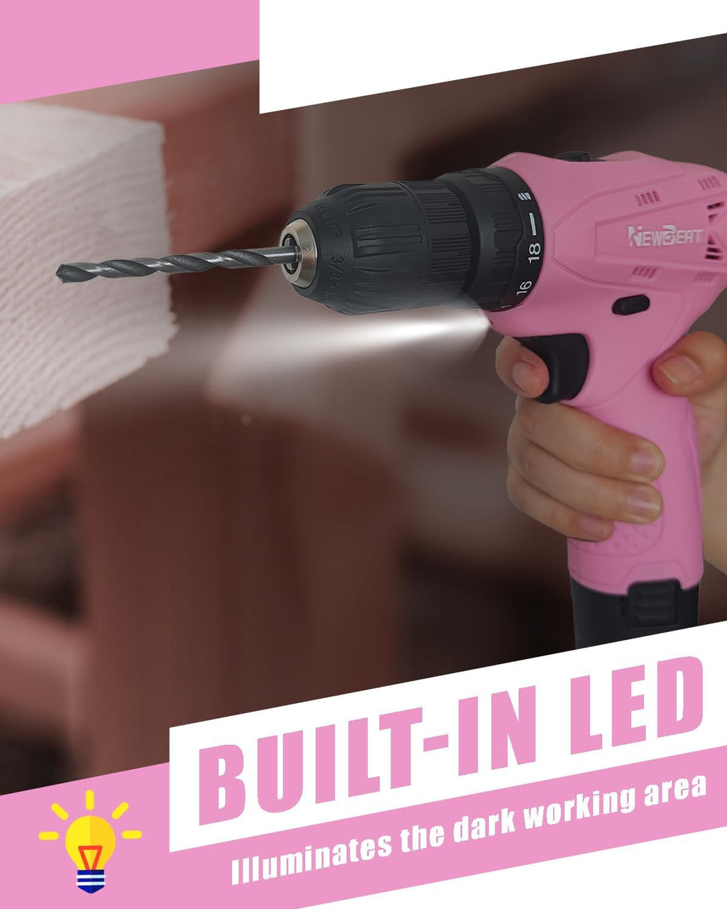 12V Cordless Drill Set with 2 Battery, Pink Drill for Women