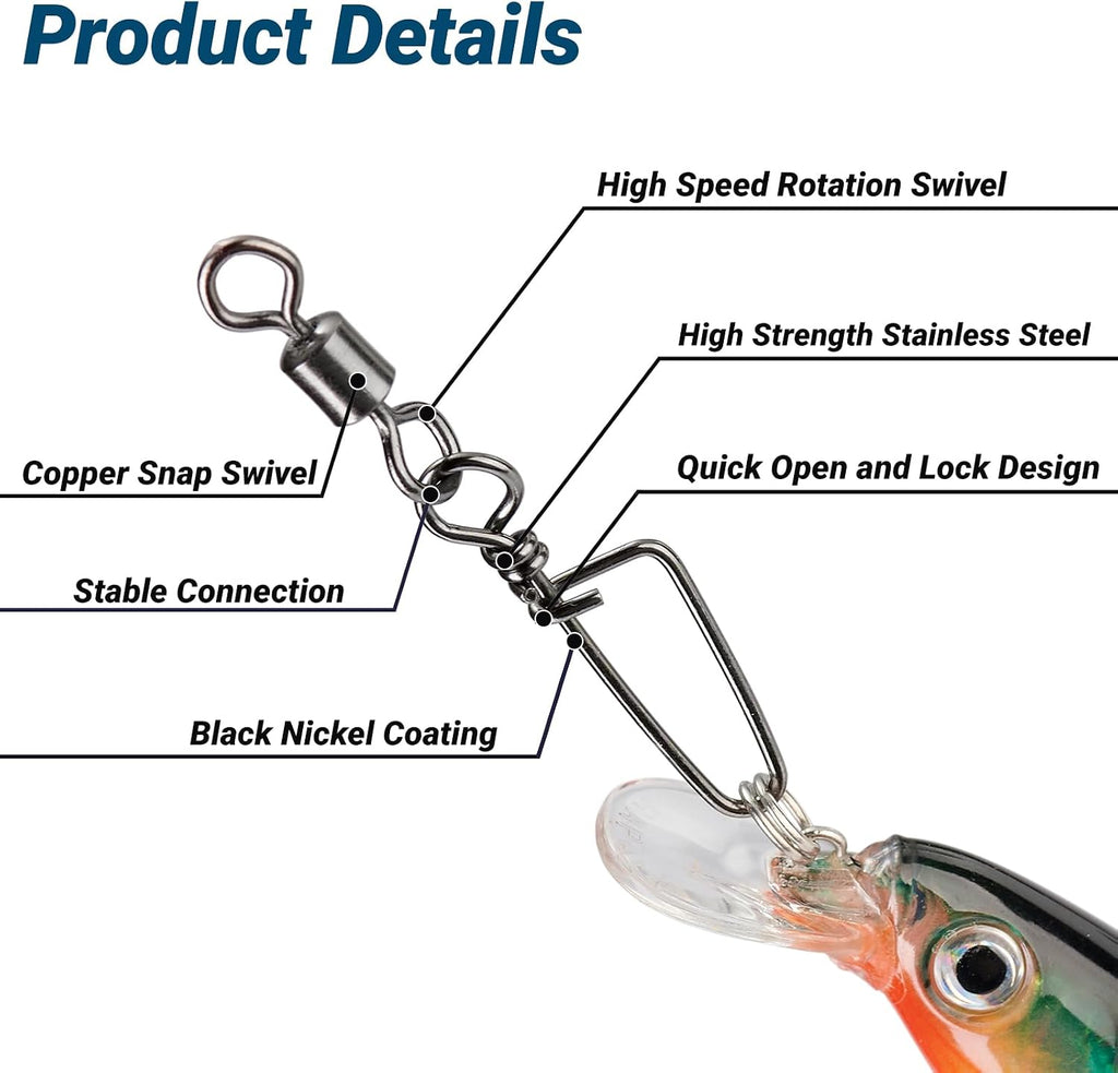 QISHUO Barrel Stainless Snap Swivels Strength Saltwater Lure Connector Fishing Steel Clips Fishing Swivel Rolling Black Nickel