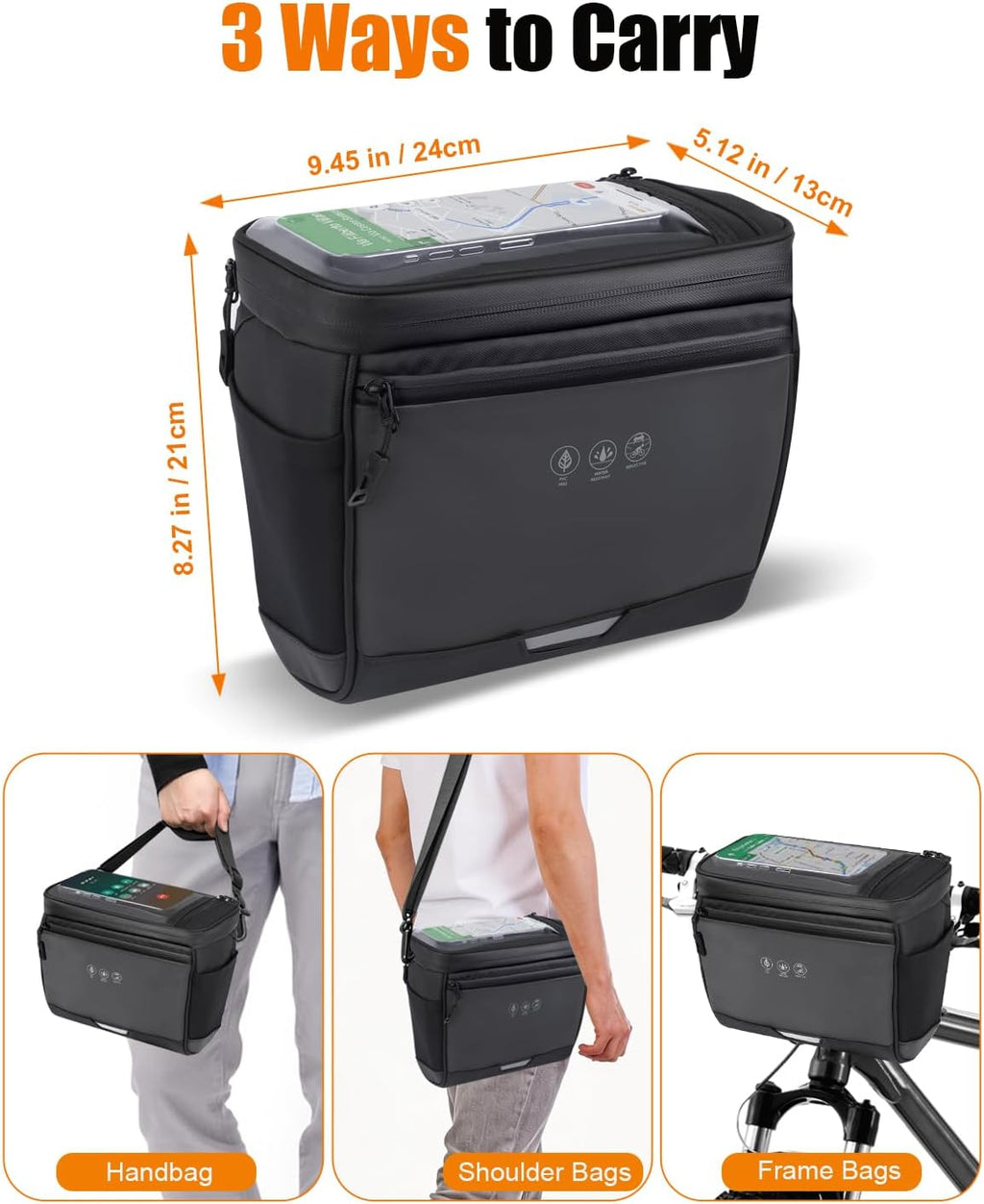 Bike Handlebar Insulated Bag, Waterproof Mountain Bike Crossbar Front Bike Phone Bag Cooler Storage Pouch with TPU Touch Screen Insulation for Outdoor Hiking Travel 4L