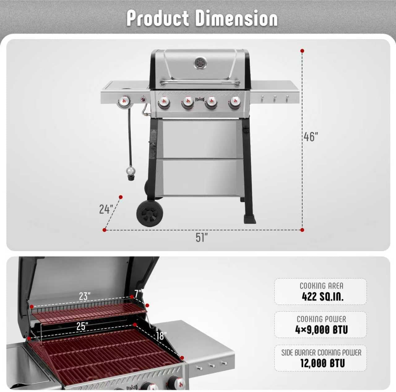 Feasto 4+1 Burner Gas BBQ Grill, 48,000 BTU, 559 Sq. In.