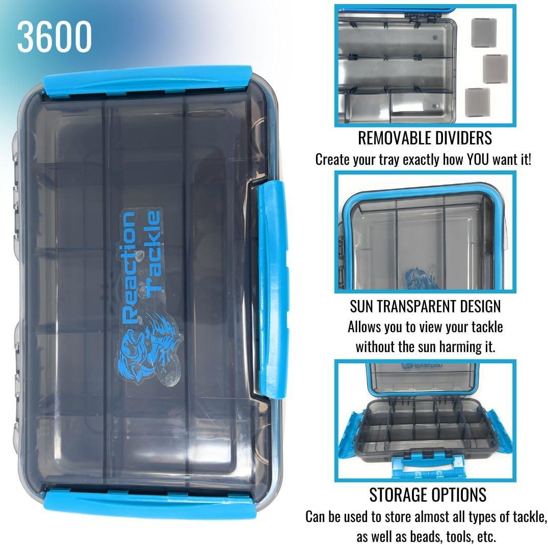 Reaction Tackle Premium Tackle Trays, Water Resistant Fishing Tackle Box Organizers with Triple Clip Closure, Removable Dividers and Clear View Design - 3600 (4-Pack)