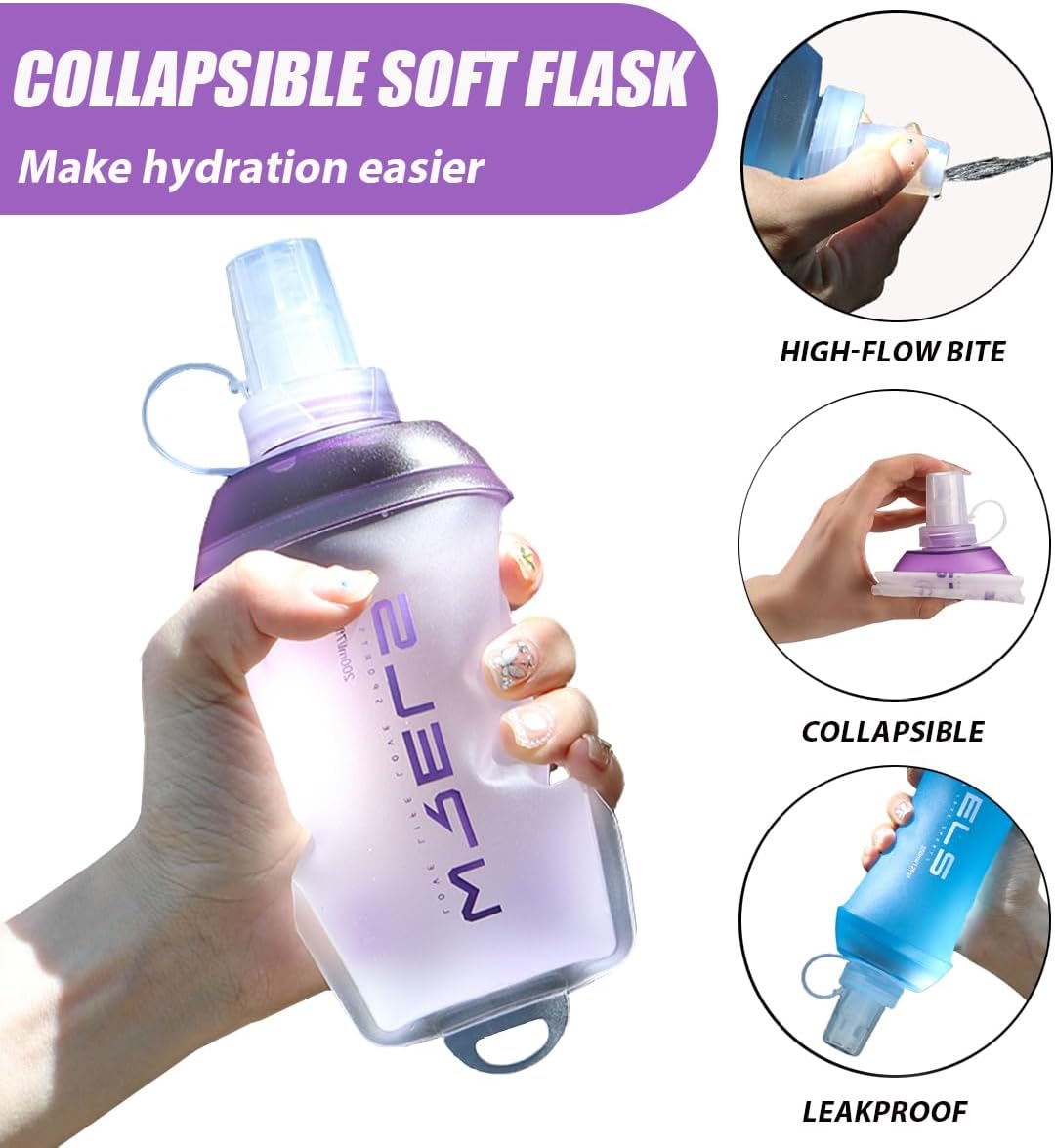 WRELS 200ml/350ml/500ml Collapsible Soft Flask,BPA Free Folding Soft Water Bottle with Hanging Ring,Lightweight TPU Hydration Flask for Running Marathon Cycling Hiking(350ml-2 Packs)