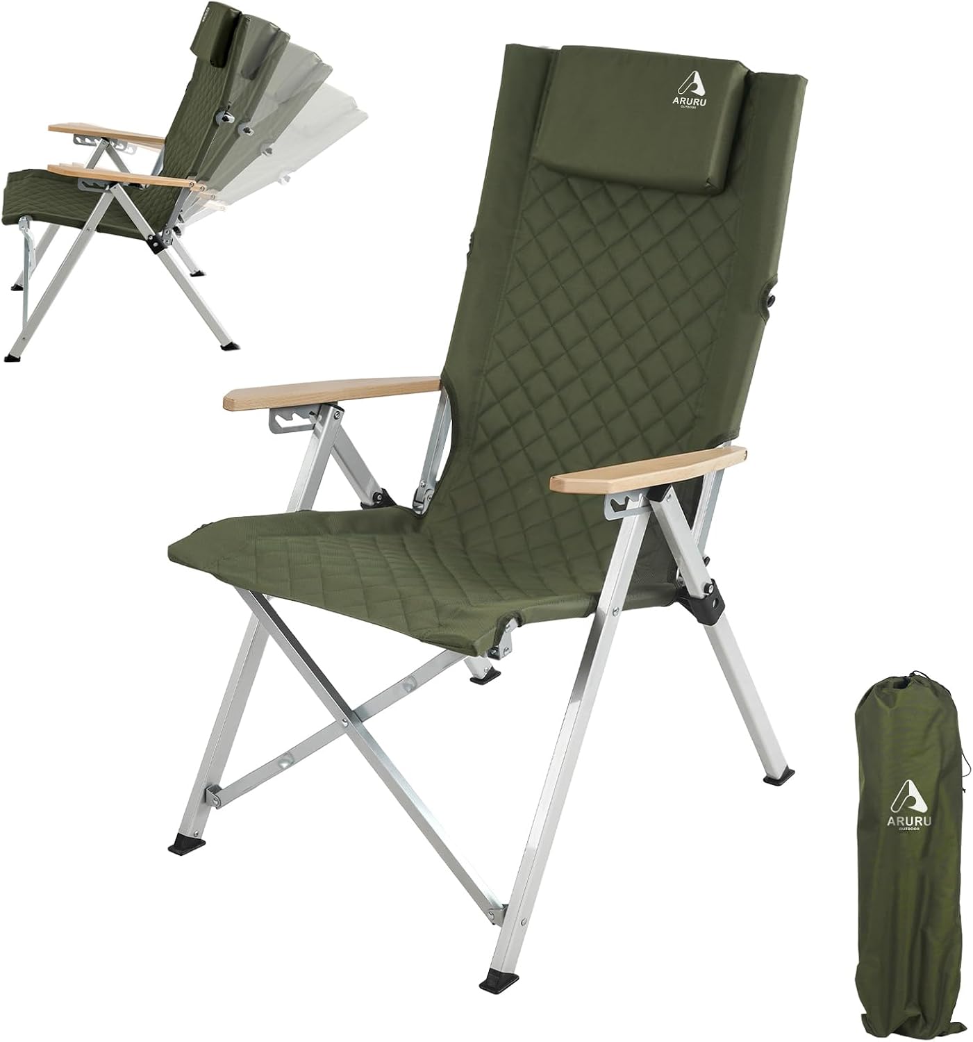 Aluminum Reclining Camping Chair, Heavy Duty Folding Lawn Chairs with 4-Stage Adjustable High Back for Adults, Compact Foldable Outdoor Patio Reclining Chair (Green, 1 Pack)