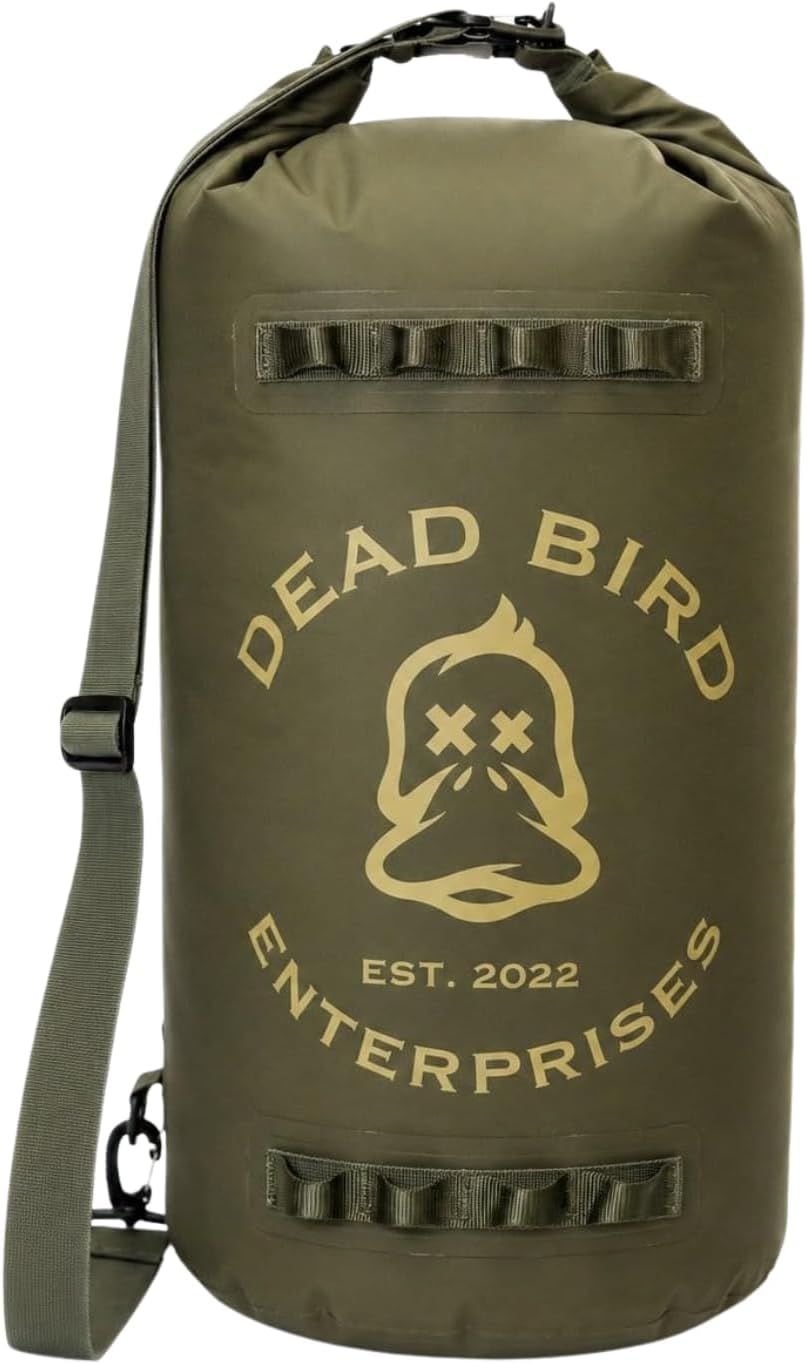 Dead Bird Enterprises Waterproof 20L Dry Bag, Military Green Shell Pouch with Roll Top Closure for Duck Hunting, Kayaking, Camping, Beach, Boating & Fishing, 500D PVC Tarpaulin Waterproof Shell Bag