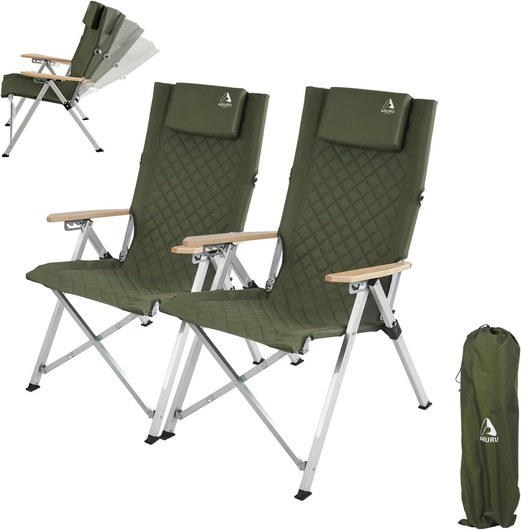 Reclining Camping Chair, Heavy Duty Folding Chairs with 4-Stage Adjustable High Back for Adults, Compact Foldable Outdoor Patio Reclining Chair with Storage Bag (Green, 2 Pack)